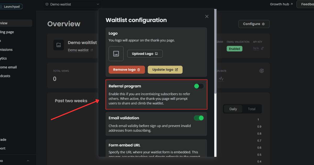 Referral program toggle in waitlist configuration