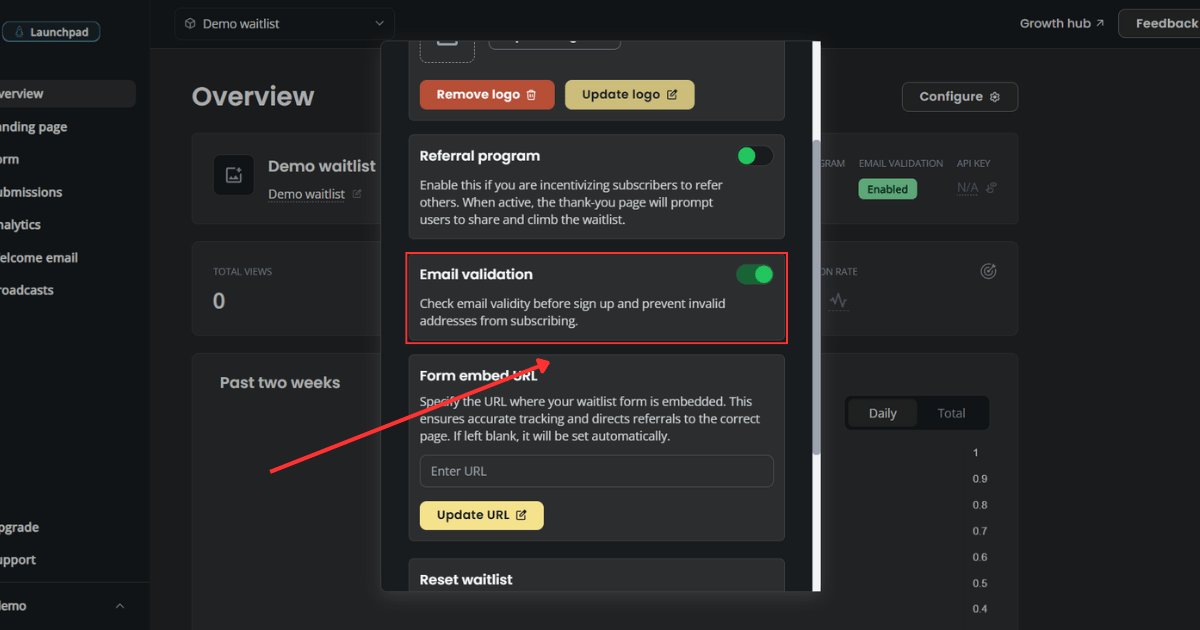 Email validation toggle in waitlist configuration