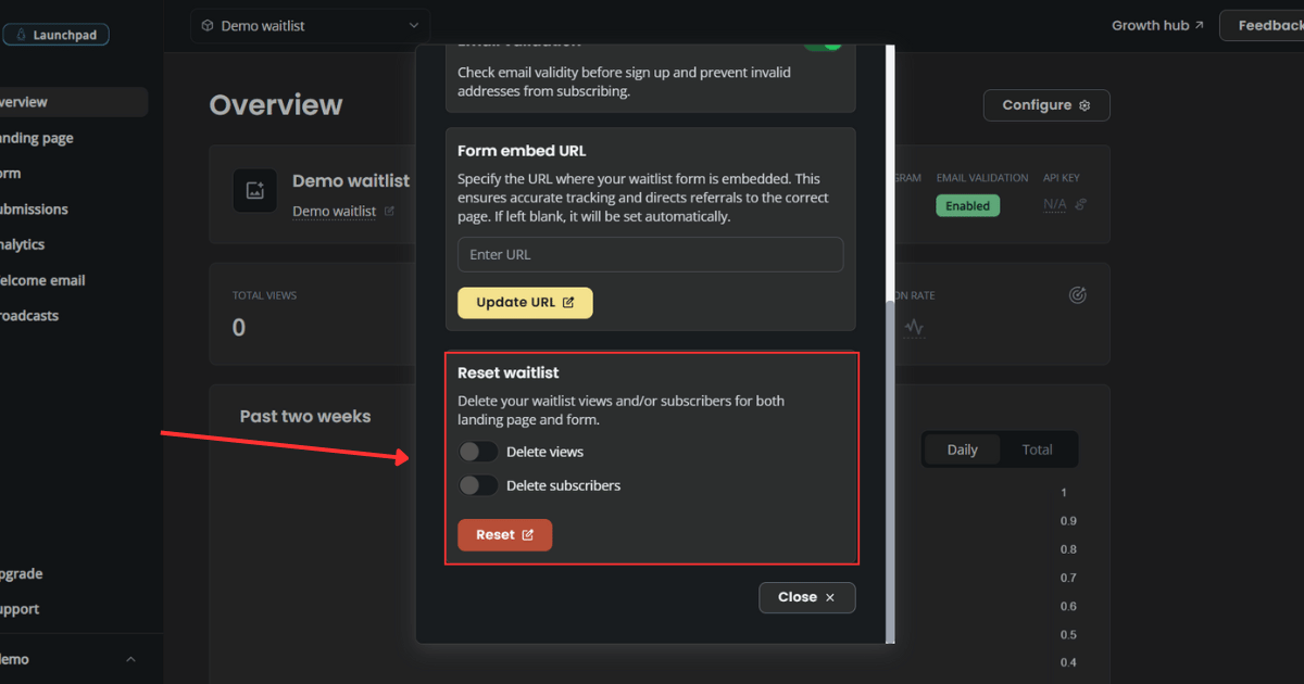 Reset waitlist options in waitlist configuration
