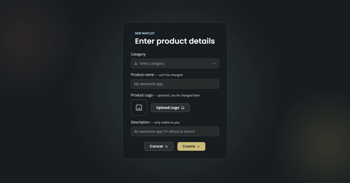 Enter product details for a new waitlist