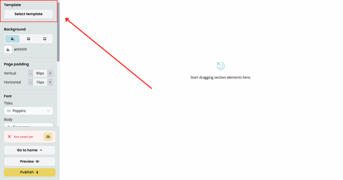 Find the templates selection in the landing page builder interface