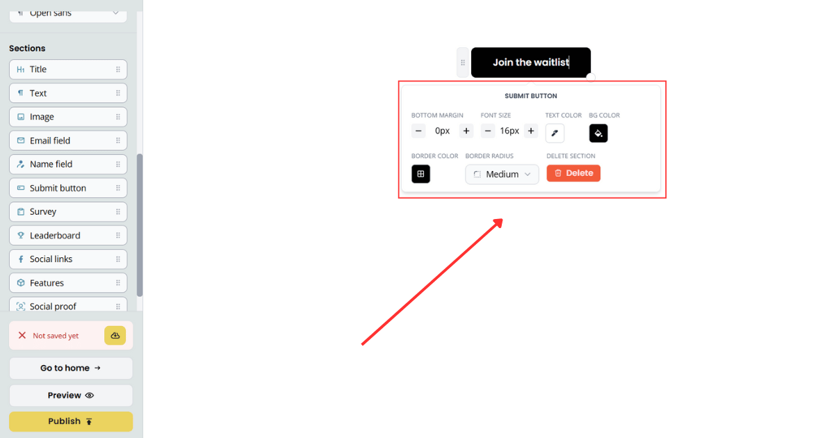 Customization options for individual sections