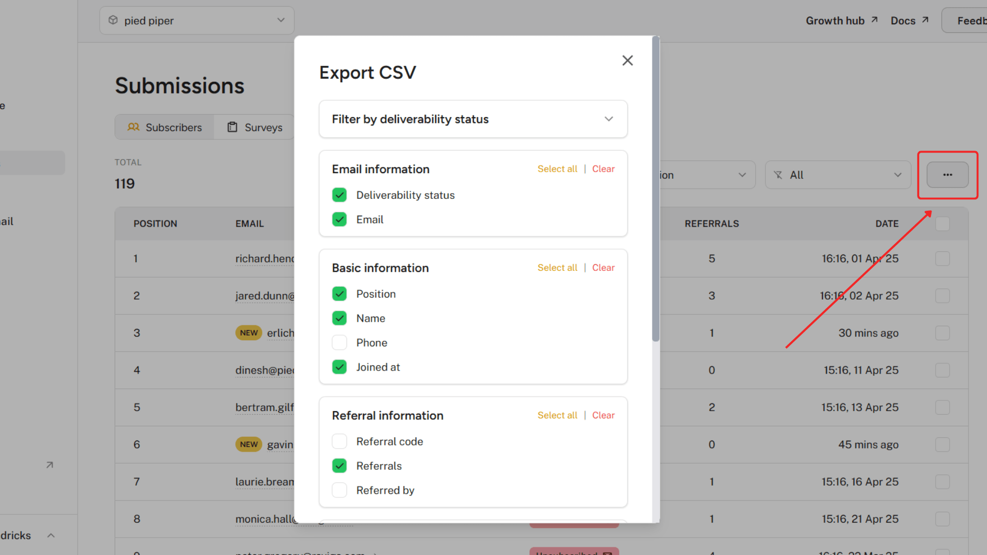 Export modal
