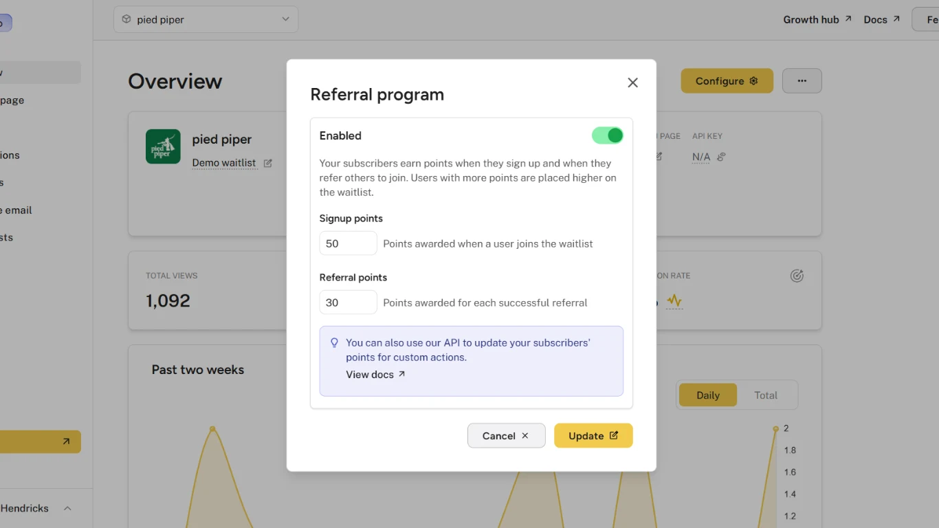 Referral Program settings