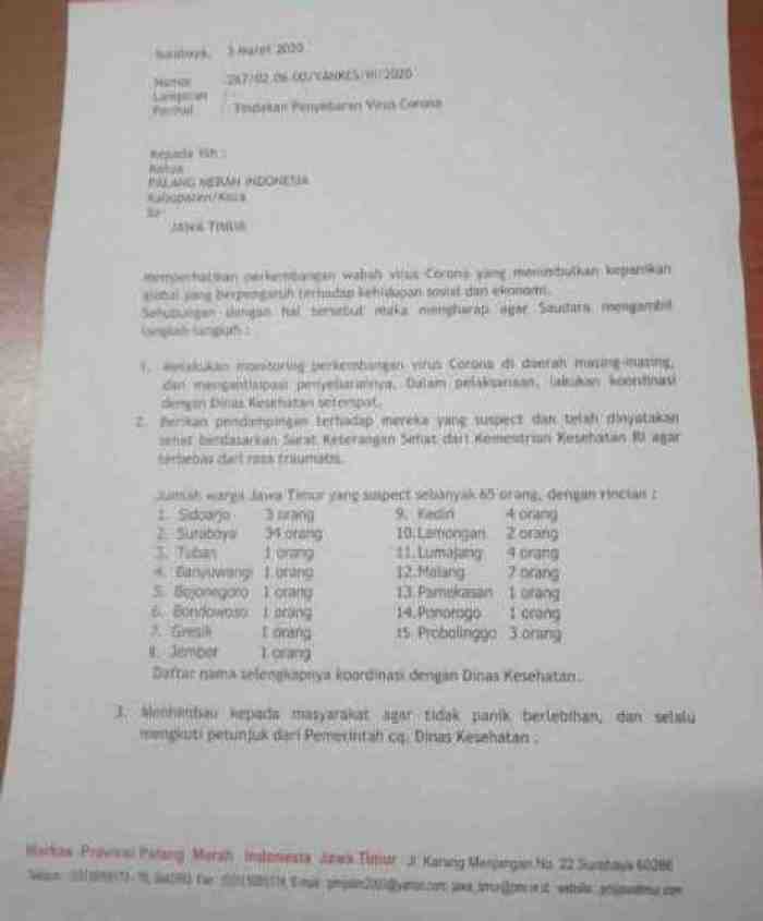Viral, PMI Sebut 65 Warga Jatim Diduga Kena Corona, ini Fakta Sebenarnya