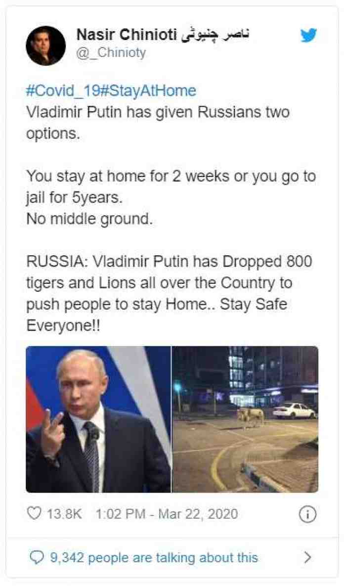 Putin Lepaskan Singa untuk Takuti Warga di Luar Rumah, Hoax?