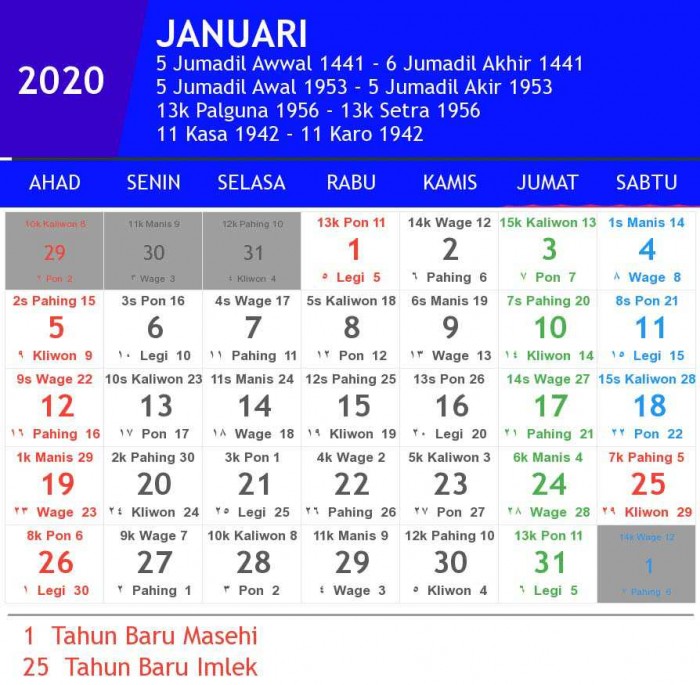 Kalender 2020 Indonesia Lengkap Dengan Penanggalan Jawa dan Hijriyah