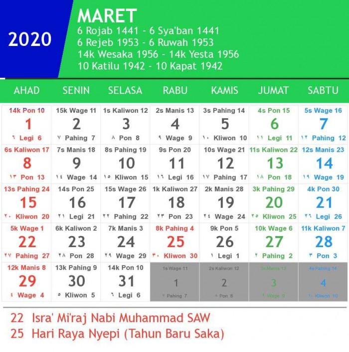 Kalender 2020 Indonesia Lengkap Dengan Penanggalan Jawa dan Hijriyah