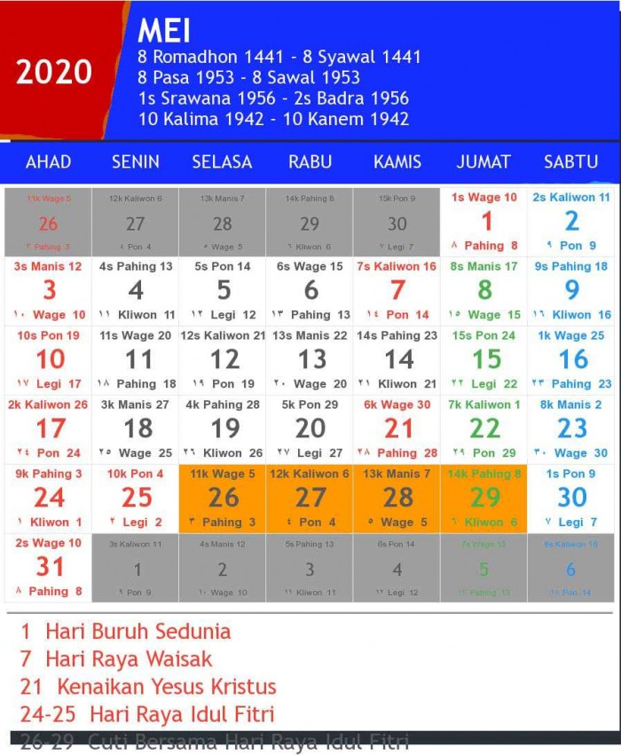 Kalender 2020 Indonesia Lengkap Dengan Penanggalan Jawa dan Hijriyah