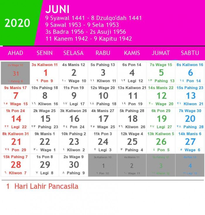 Kalender 2020 Indonesia Lengkap Dengan Penanggalan Jawa dan Hijriyah
