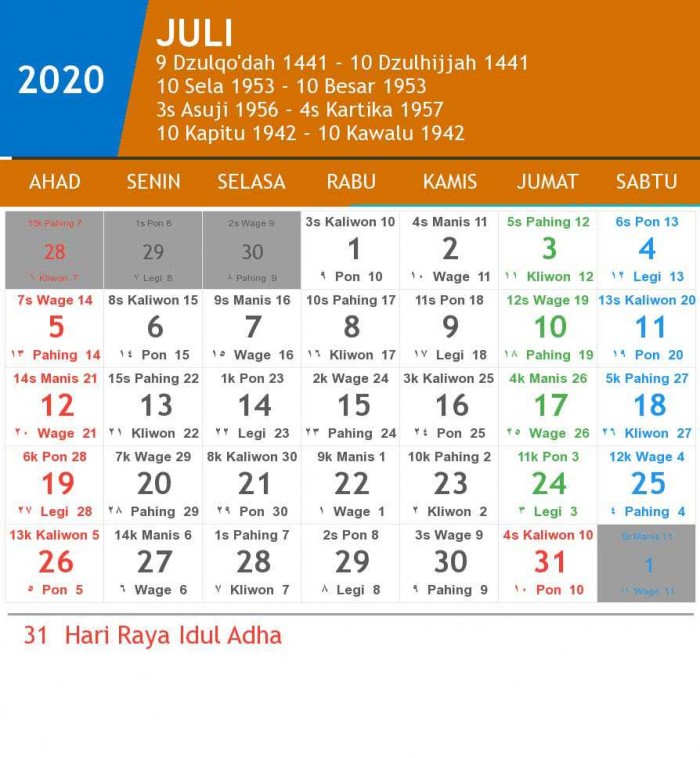 Kalender 2020 Indonesia Lengkap Dengan Penanggalan Jawa dan Hijriyah