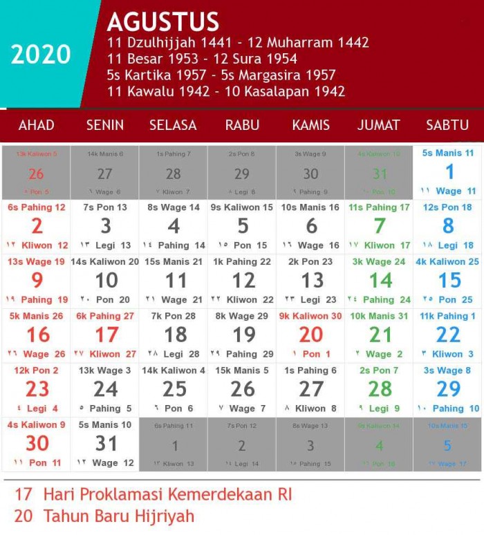 Kalender 2020 Indonesia Lengkap Dengan Penanggalan Jawa dan Hijriyah