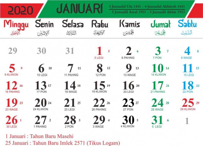 Kalender 2020 Indonesia Lengkap Dengan Penanggalan Jawa dan Hijriyah