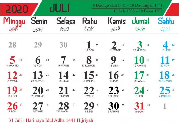 Kalender 2020 Indonesia Lengkap Dengan Penanggalan Jawa dan Hijriyah