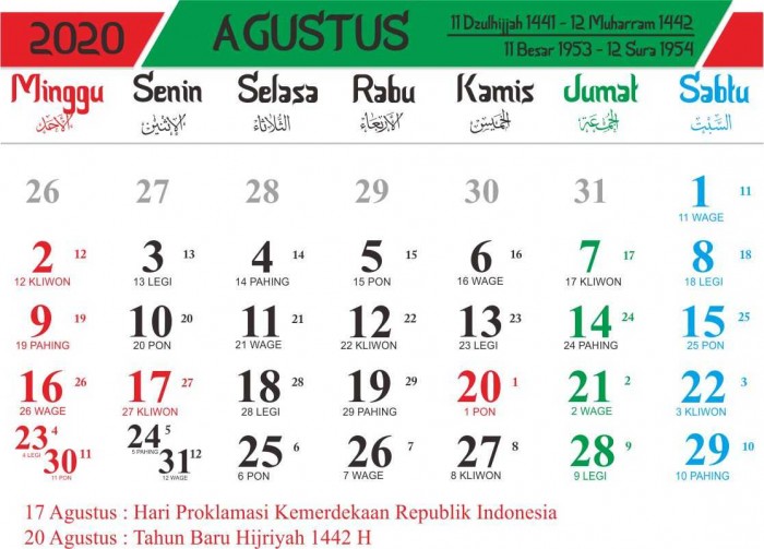 Kalender 2020 Indonesia Lengkap Dengan Penanggalan Jawa dan Hijriyah