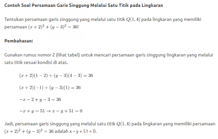 Rumus Persamaan Garis Singgung Lingkaran