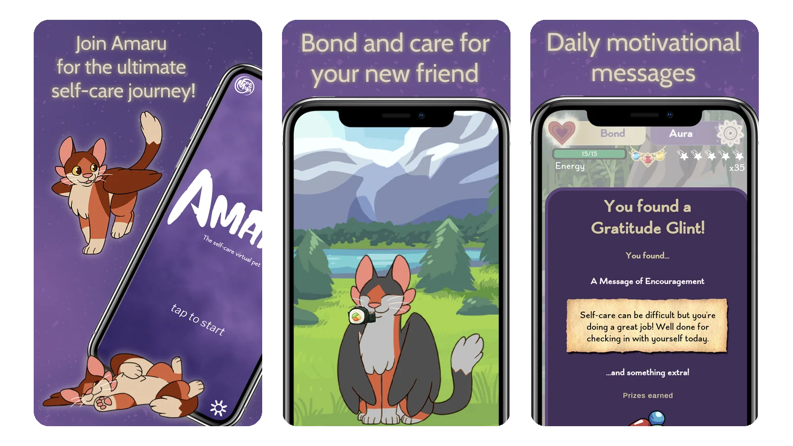 Amaru App Store screenshots: the winged cat companion on the start screen, the pet in a mountain meadow, and a daily message of encouragement