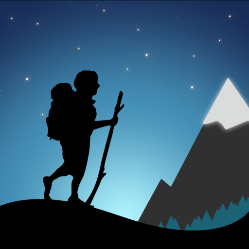 Fantasy Hike app icon: a hiker with a walking stick silhouetted against a starry sky and a snowy mountain