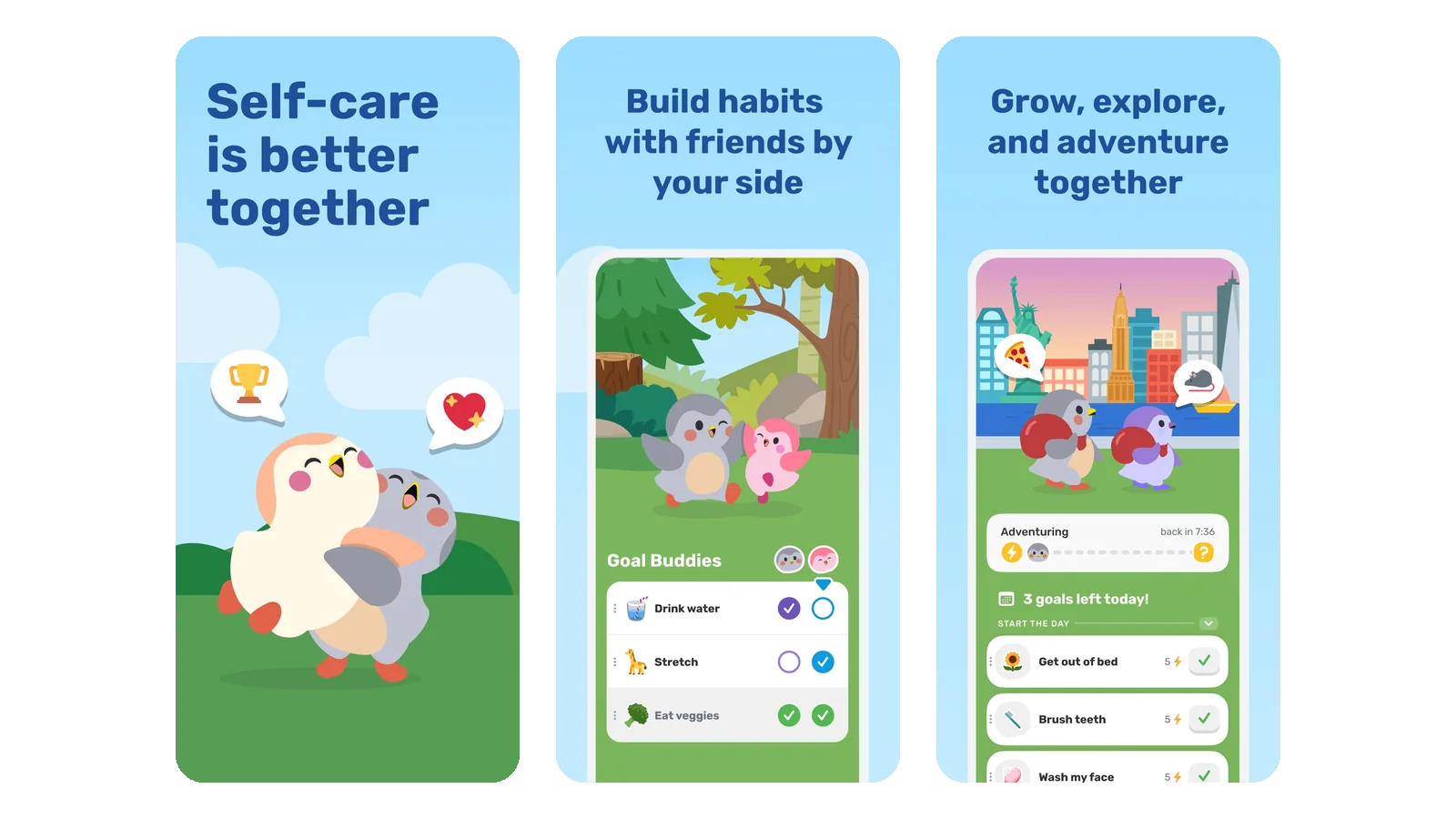 Finch App Store screenshots: two cartoon birds hugging, a Goal Buddies checklist shared with a friend, and a list of today’s self-care goals