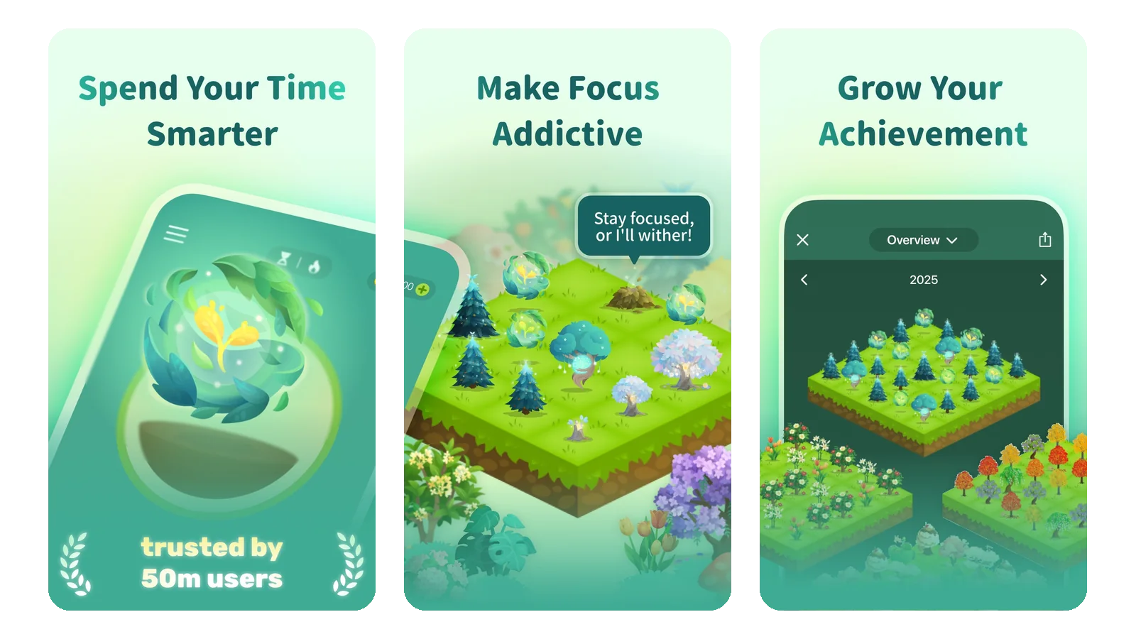 Forest App Store screenshots: a sapling growing during a focus session, a small forest of trees, and a year overview of everything grown