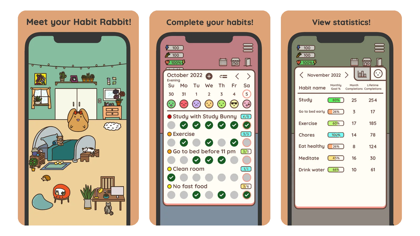 Habit Rabbit App Store screenshots: a rabbit in its cozy decorated room, a weekly habit checklist with moods, and monthly habit statistics