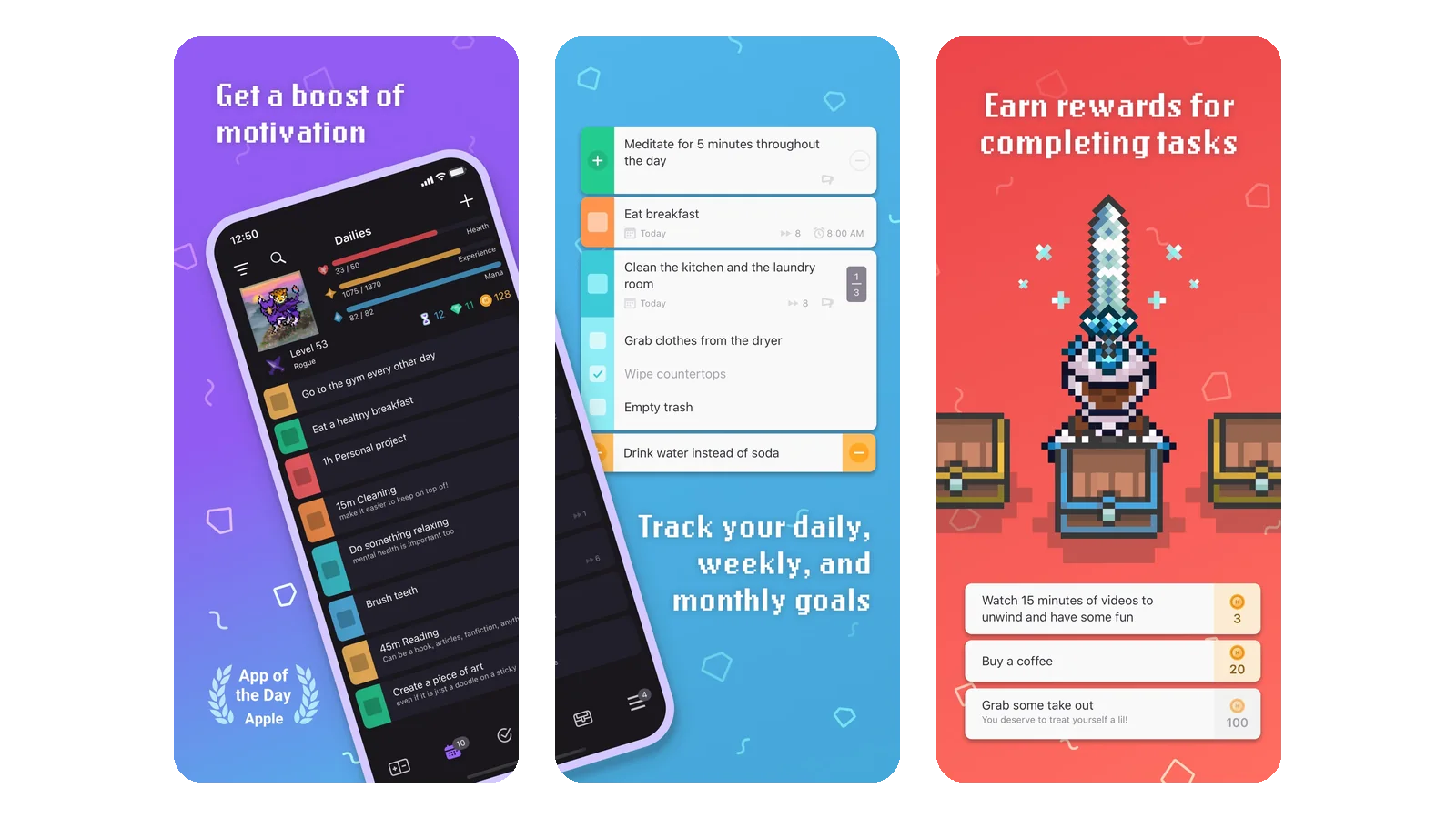 Habitica App Store screenshots: a list of dailies beside a pixel-art character, a to-do checklist, and pixel-art rewards for completing tasks