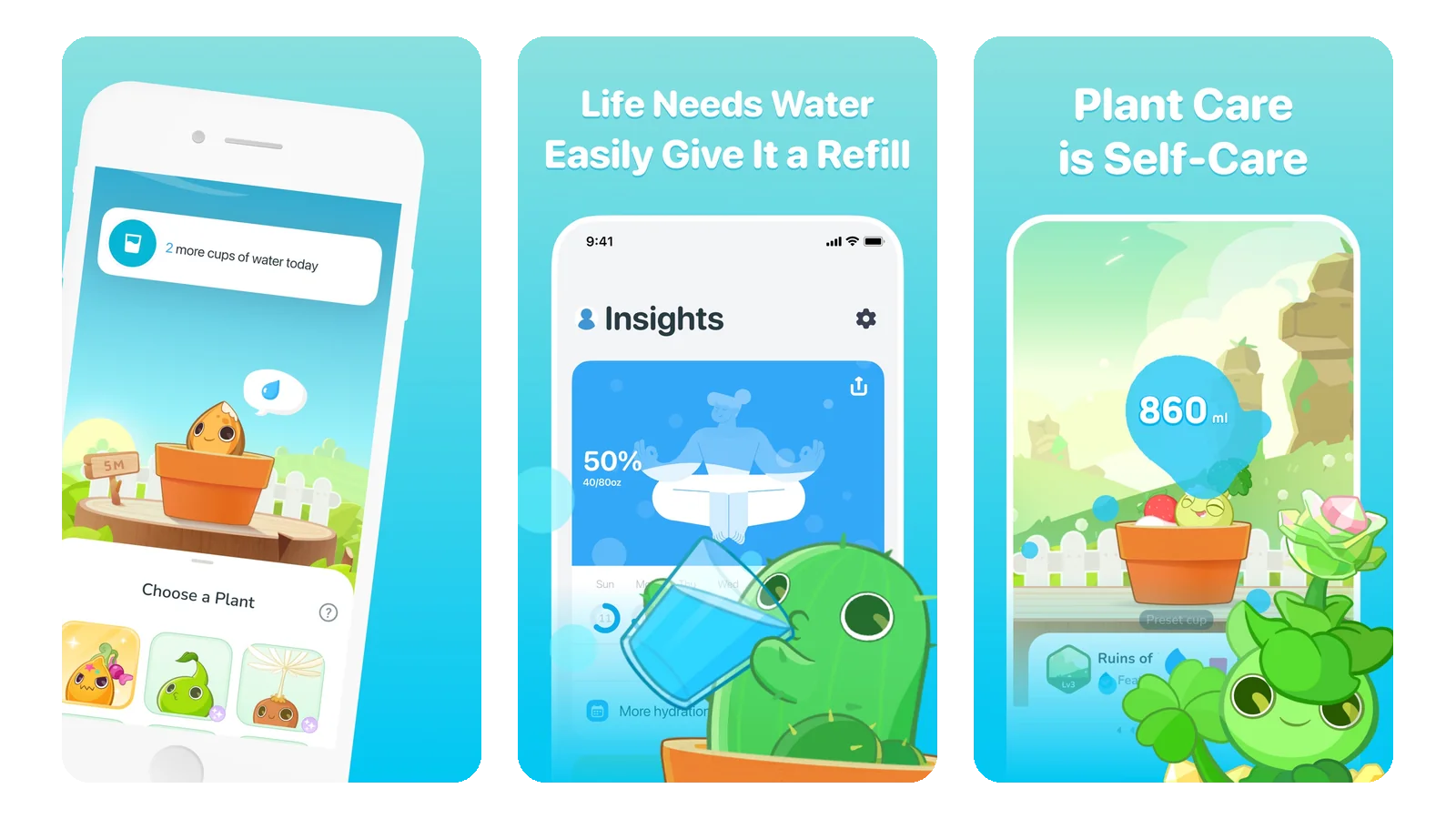 Plant Nanny App Store screenshots: choosing a seedling in a flower pot, a hydration insights screen with a cactus drinking water, and a grown plant at 860 ml