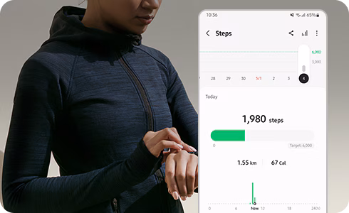 Samsung Health: a person checking their watch beside the app’s Steps screen showing today’s step count against a target