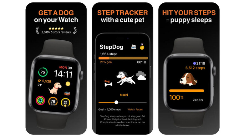 StepDog App Store screenshots: a cartoon dog on an Apple Watch face, a step goal screen on iPhone, and a sleeping puppy after hitting the goal