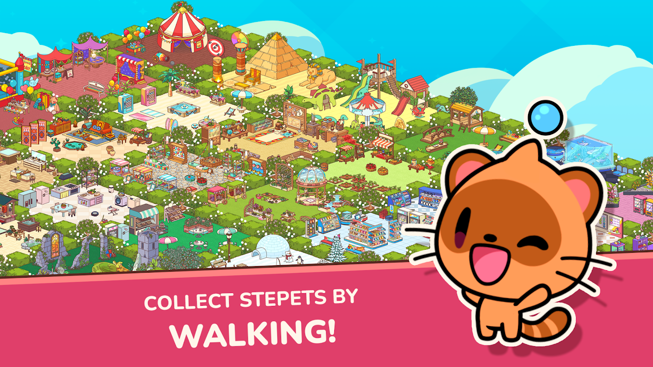 Stepets: a smiling orange cat-like pet in front of a busy decorated island, with the line “Collect Stepets by walking!”