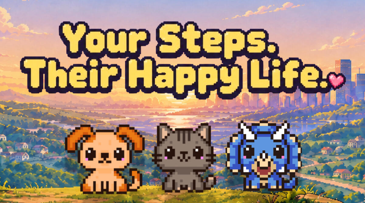 Step Pals: three pixel-art pets, a dog, a cat and a little dinosaur, under the line “Your steps. Their happy life.”