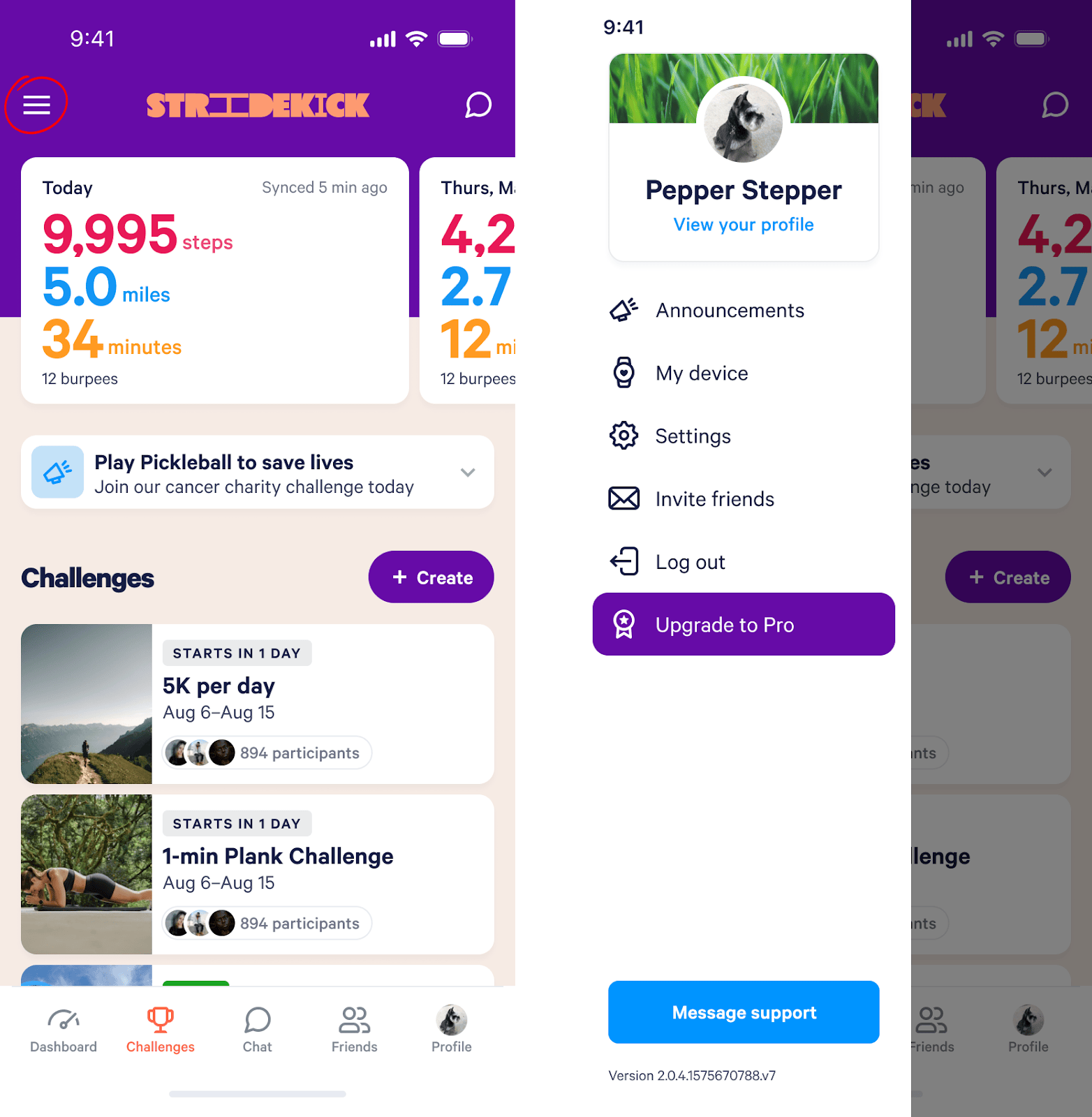 Stridekick on iPhone: today’s steps, miles and minutes above a list of upcoming challenges, next to the app menu with Invite friends and Upgrade to Pro