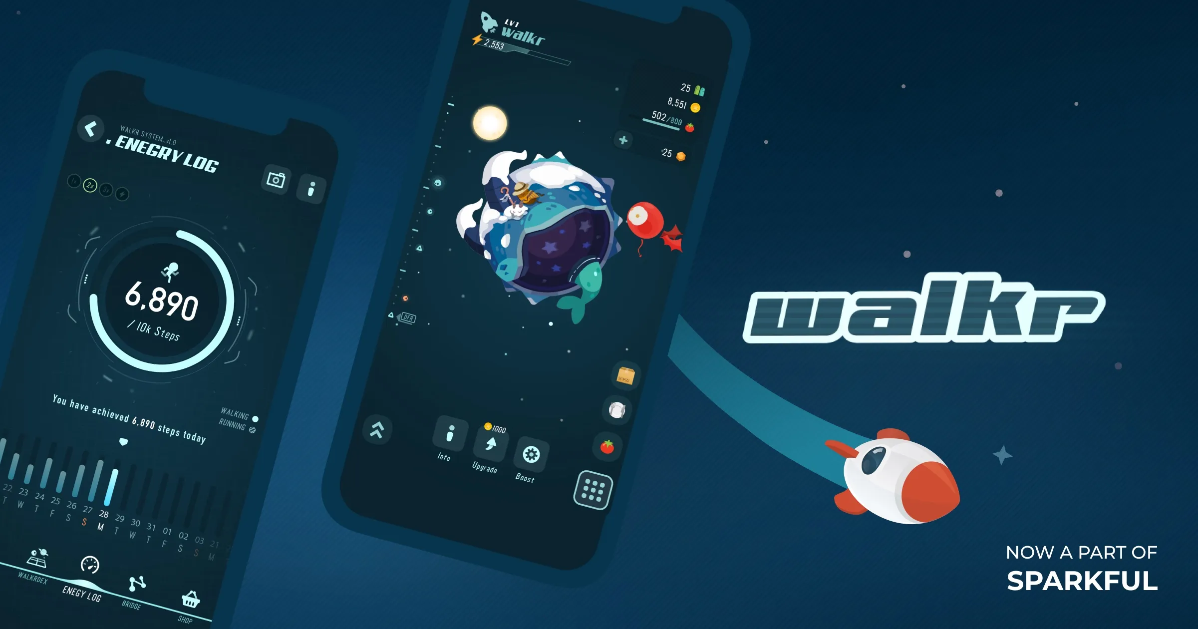 Walkr on two phones: an energy log showing 6,890 of 10,000 steps, and a small cartoon planet in space, with a rocket flying past