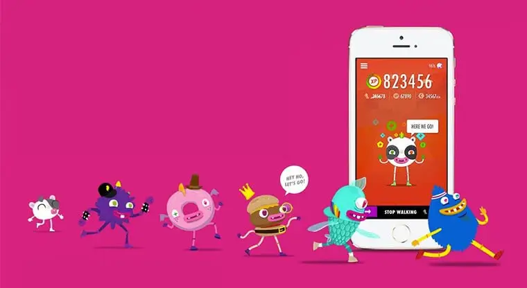 Wokamon: a parade of colourful cartoon monsters walking past a phone showing the app’s step count