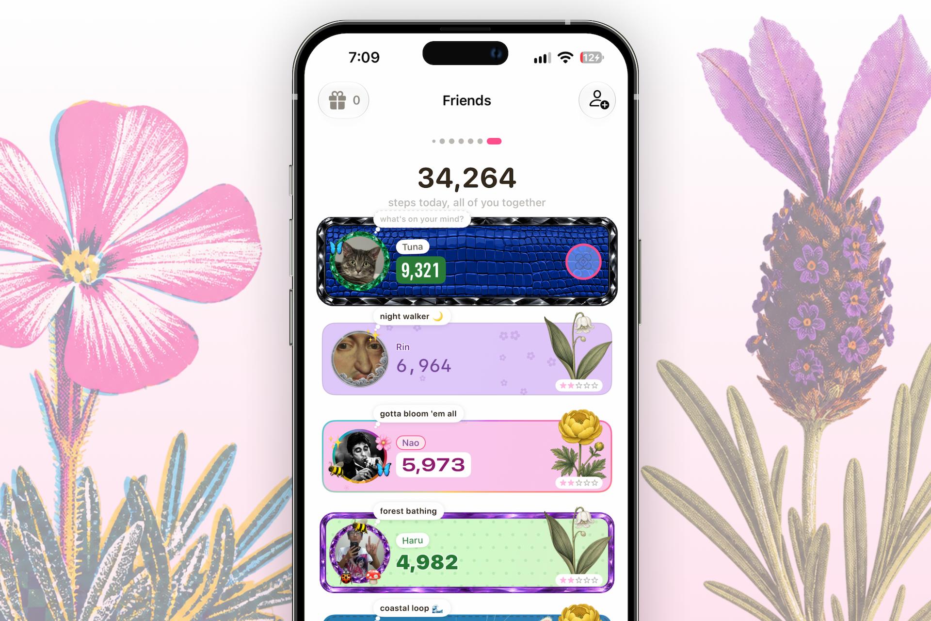 Walk Flower’s Friends board on iPhone: 34,264 steps walked together today, above friends’ cards ranked by steps, each with a short status and the flower they revealed