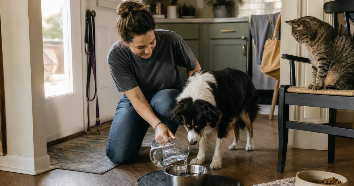 A pet sitter kneels in a sunny kitchen refilling a dog's water bowl while a tabby cat watches from a chair nearby