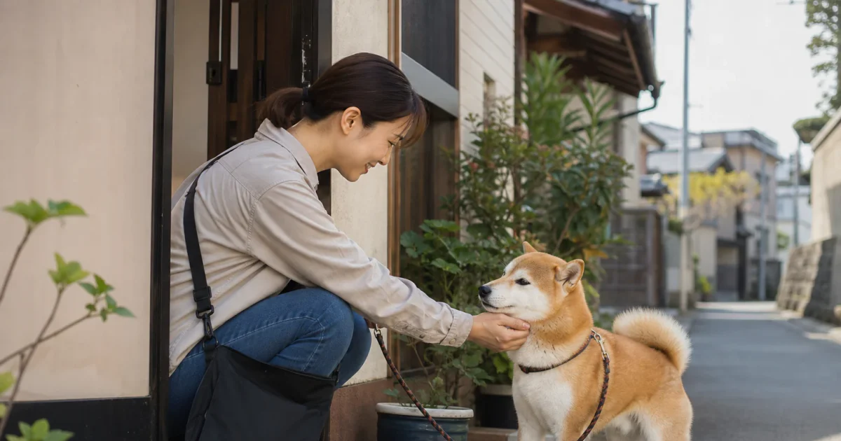 住宅街の一軒家の玄関先で、ペットシッターがリードをつけた柴犬にあいさつしている朝の様子