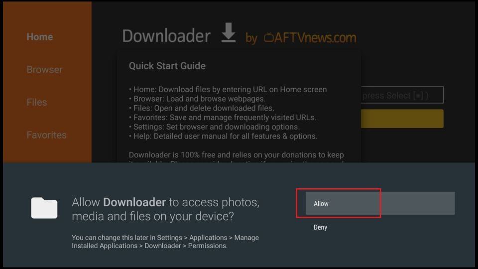 Downloader app permission prompt.