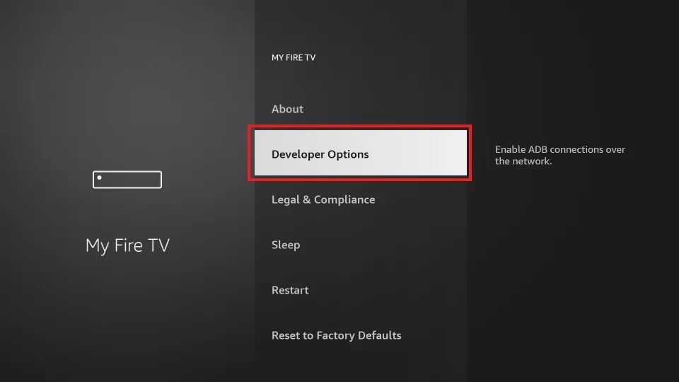 My Fire TV menu showing Developer Options.