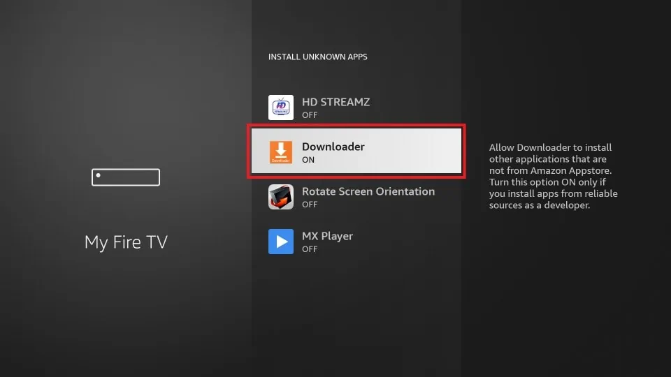 List of apps, with Downloader being switched to ON.