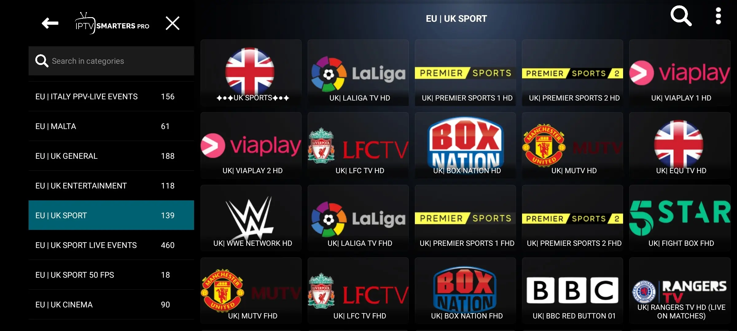 Main dashboard of the IPTV app on a phone.