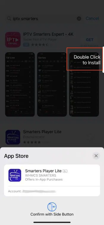 Smarters Player Lite app page in the App Store during installation.