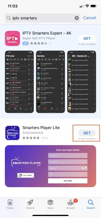 Searching for Smarters Player Lite in the Apple App Store.