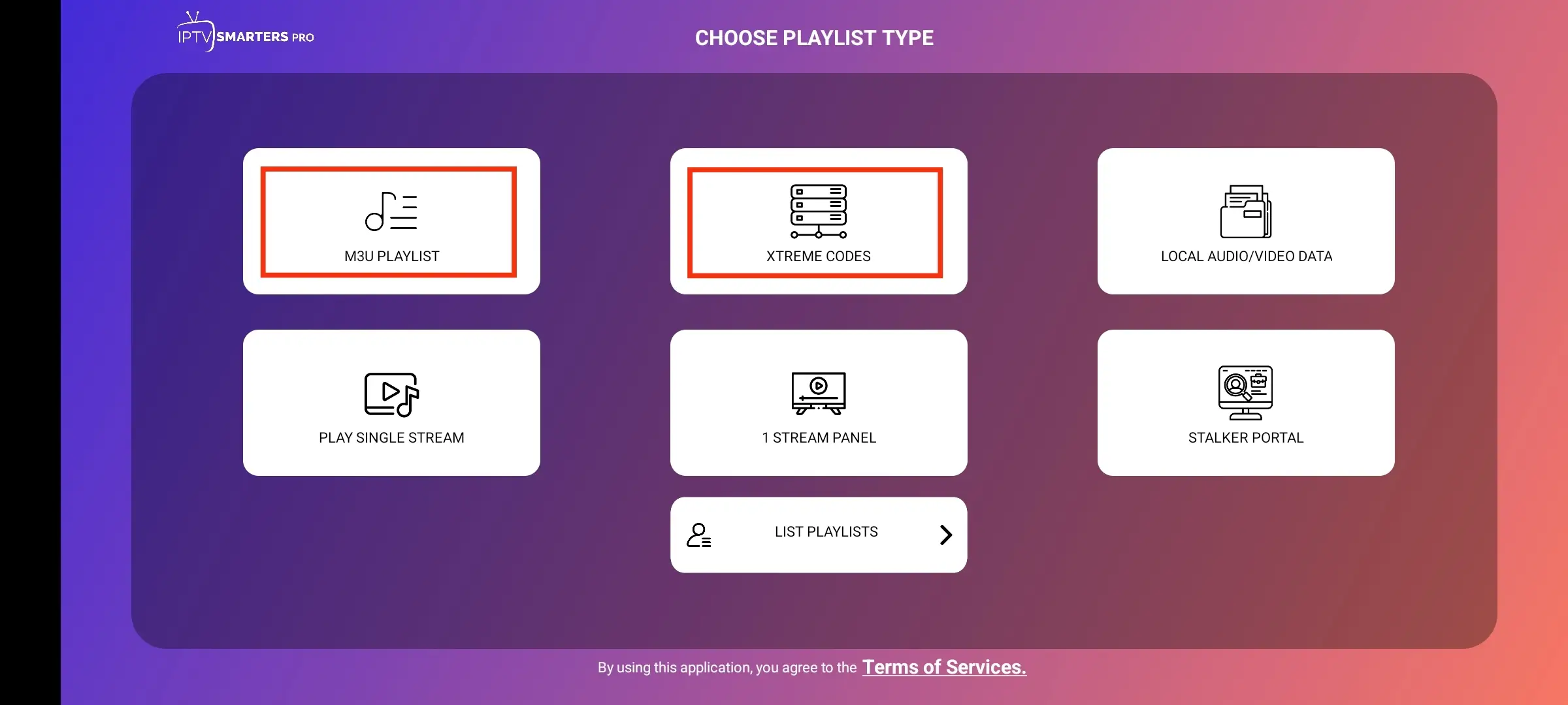 Login method selection screen in IPTV Smarters Pro.