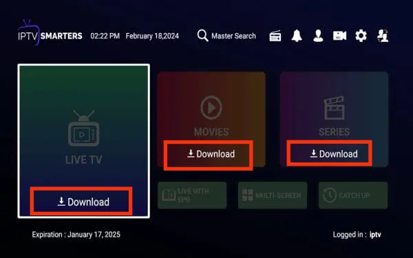 Loading screen showing 'Downloading channels, movies and series'.