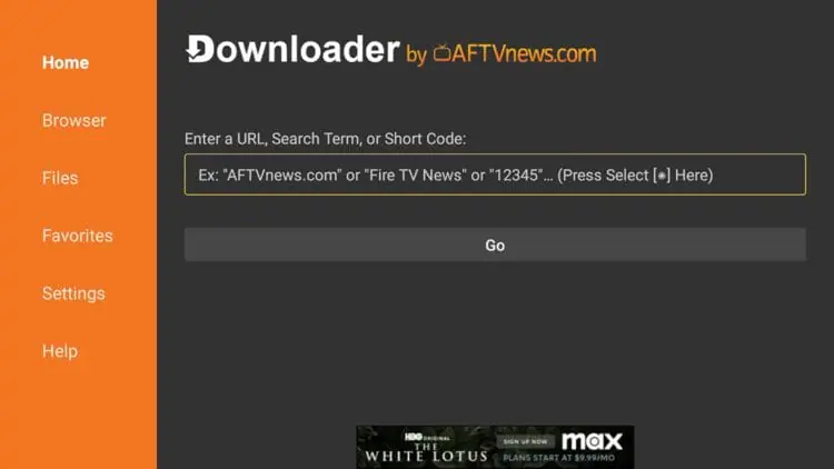 Downloader app main screen with URL input box.