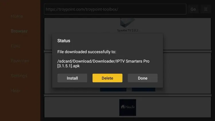 Downloader pop-up to delete the installer APK file.