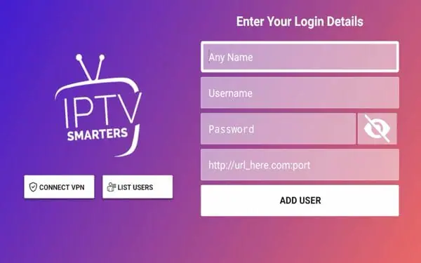 Xtream Codes API login form with four input fields.