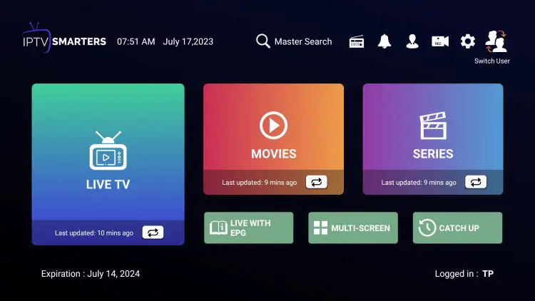Main dashboard of the IPTV app with content categories.