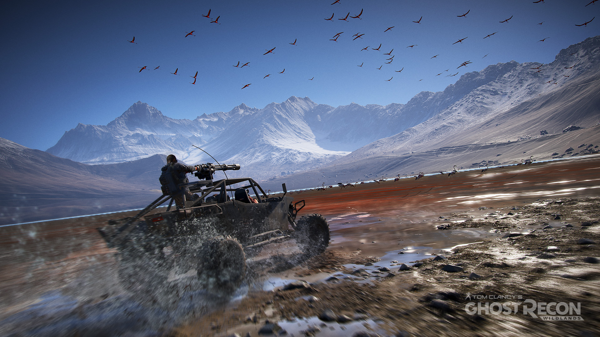 A dried lakebed is as good as anywhere to drive across the map of Ghost Recon Wildlands